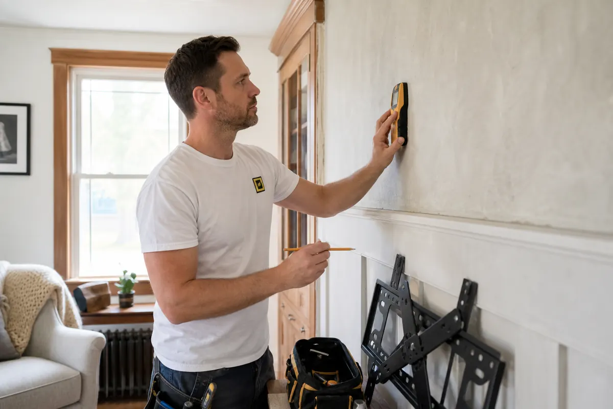 Brock TV wall mounting installer checking an older village home's wall before fitting a bracket