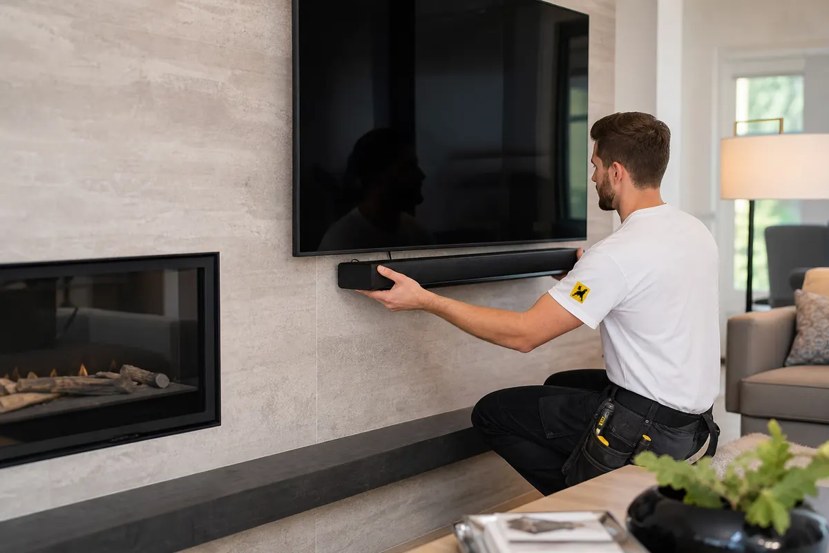 Installer fitting a soundbar below a wall-mounted TV on a Burlington feature wall