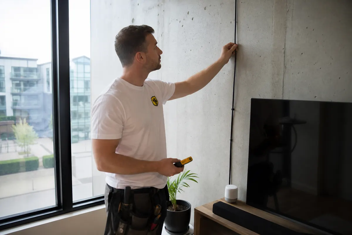 Installer assessing a Burlington condo wall and cable route before TV mounting