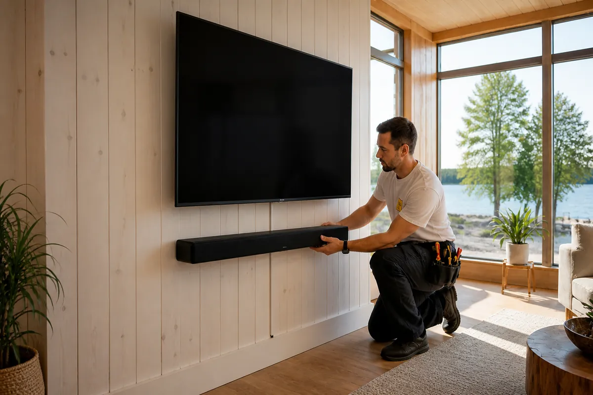 Installer in a white shirt aligning a soundbar and cable route in a Georgina cottage