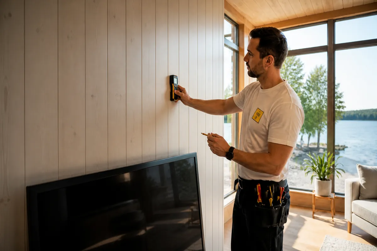 Installer in a white shirt assessing a paneled Georgina cottage wall before TV mounting