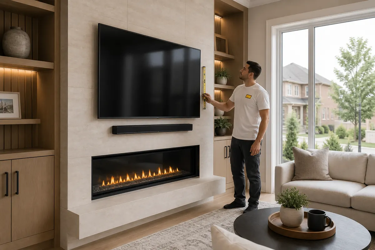 Finished fireplace TV and soundbar mounting installation in a Richmond Hill home