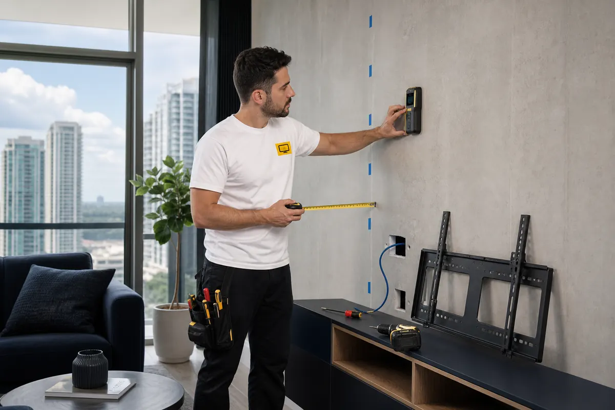 TV installer assessing a Richmond Hill condo wall before mounting a television
