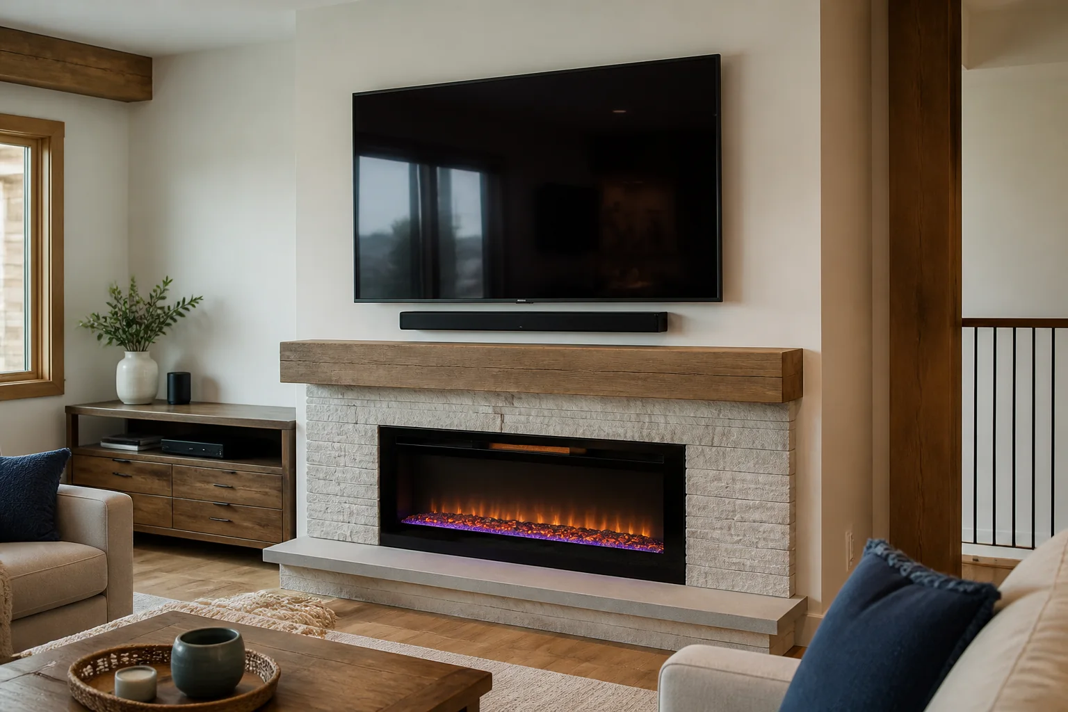 Illustration of a wall-mounted TV and soundbar above an electric fireplace with concealed wires