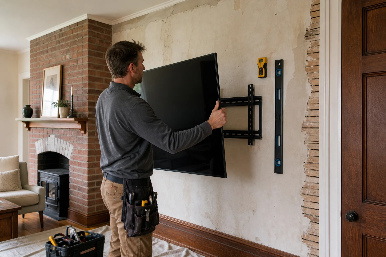 Illustration of a TV installer assessing an older plaster wall before mounting a television