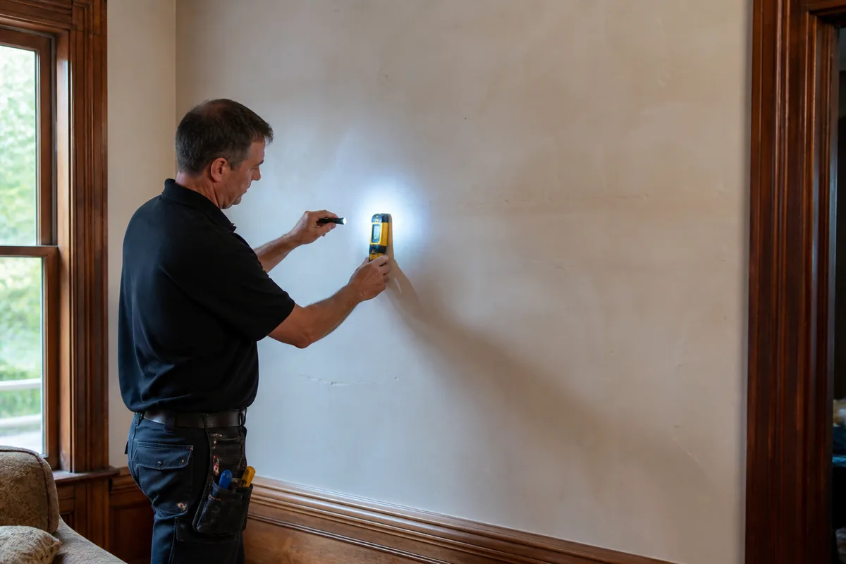 Installer assessing an older plaster wall before television installation in Uxbridge