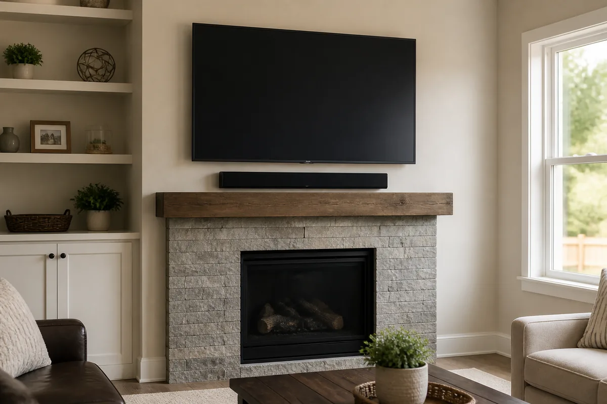 Wall-mounted television and soundbar above a stone fireplace in an Uxbridge home