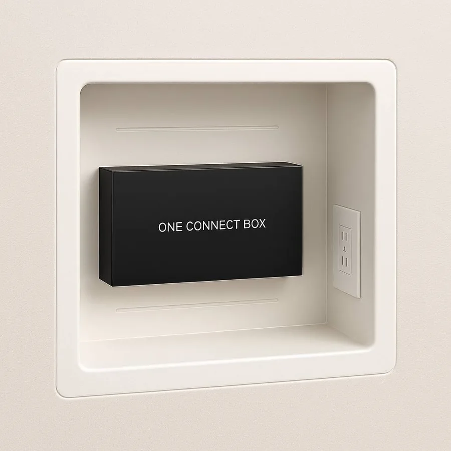 Diagram of a Samsung One Connect box sitting inside a recessed in-wall AV back box next to a power outlet