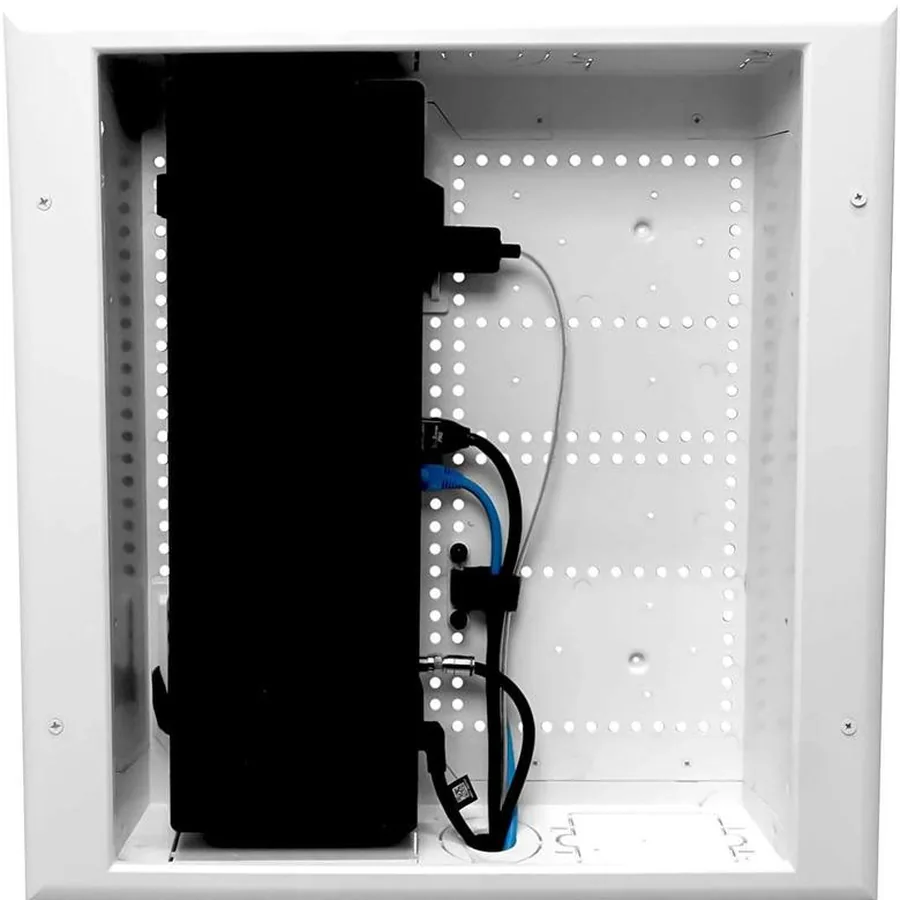 Samsung One Connect box recessed inside a white AV back box cut into the wall, with power and signal cables dressed inside