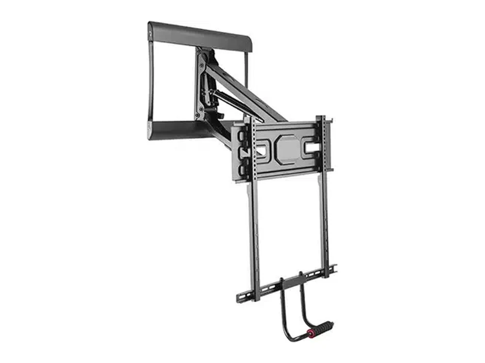 Gas-spring fireplace mantel TV mount with a padded pull-down handle and a counterbalanced lifting arm