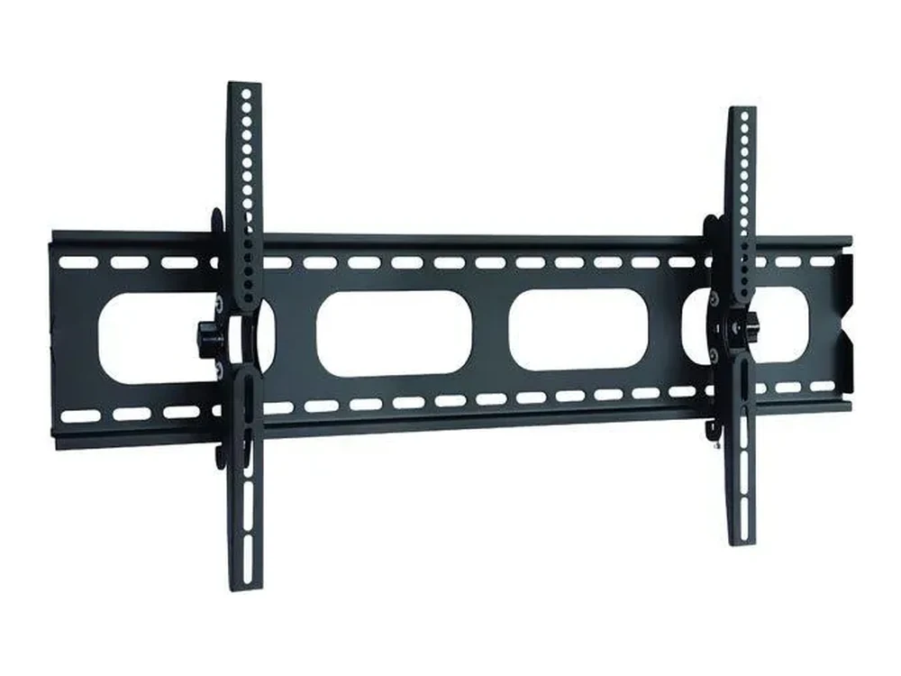 Slim tilting TV wall mount with a full-width wall plate and twin hook-on brackets