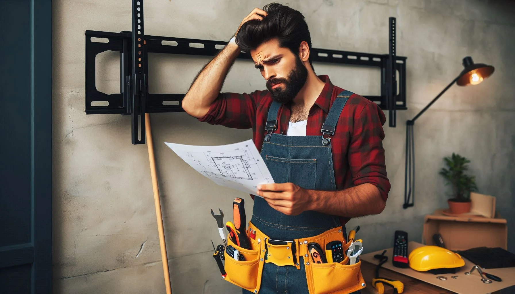A puzzled installer in a tool belt reading instructions in front of an empty TV wall bracket.