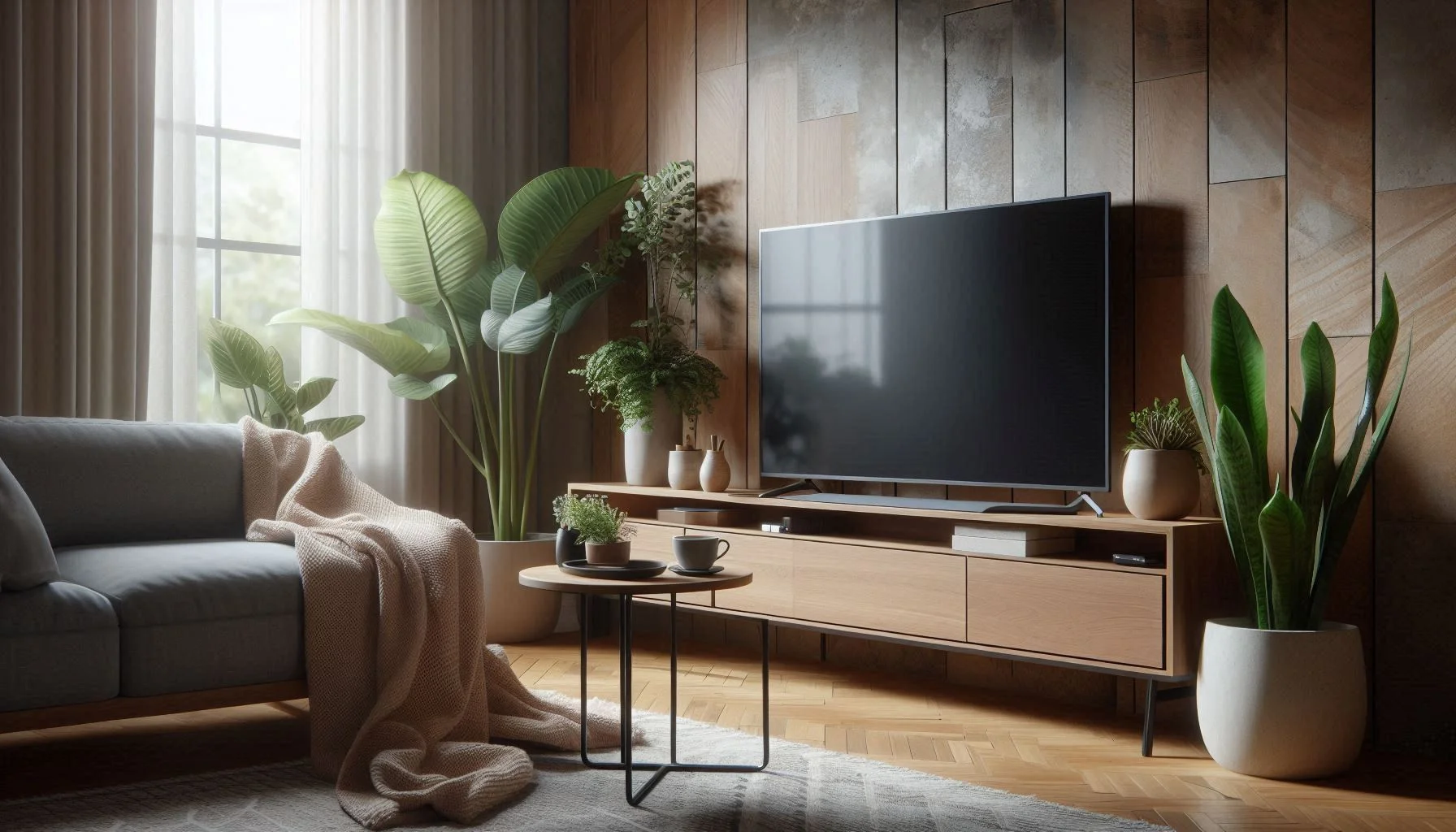 A flat-screen TV standing on a low wooden media console against a wood-panelled wall in a living room.