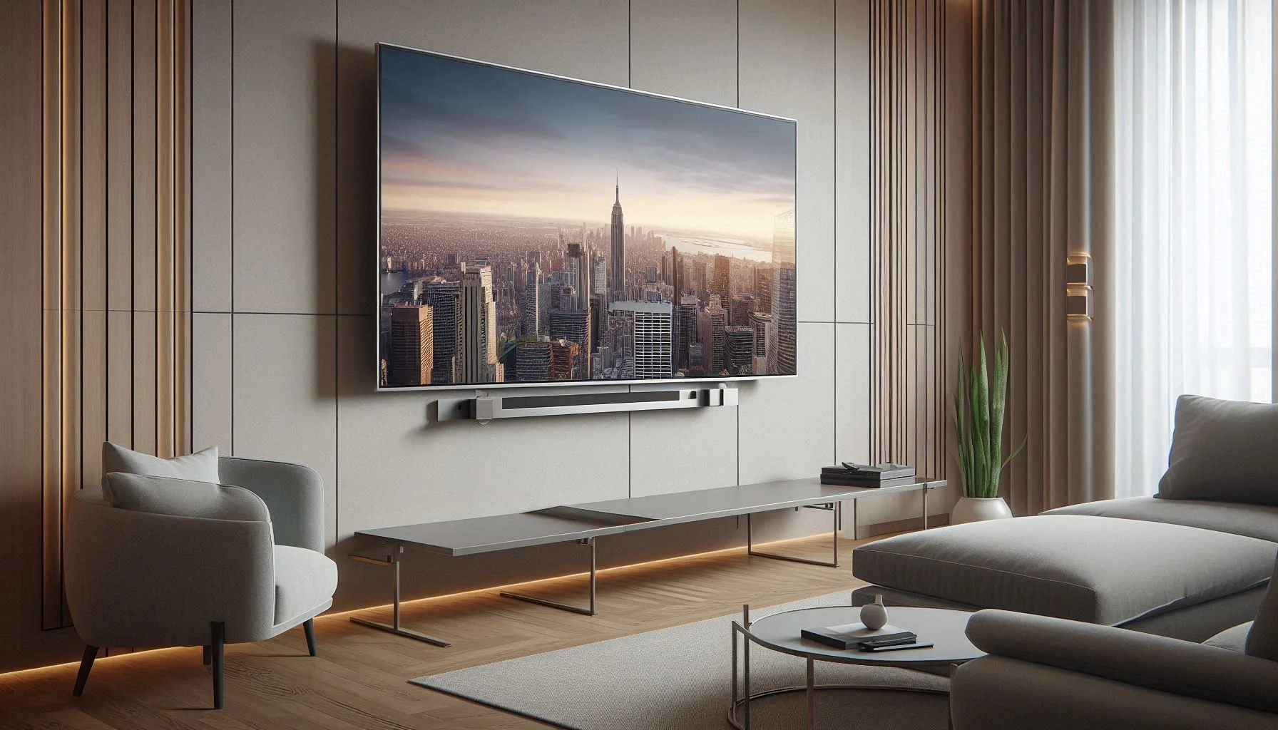 A large TV wall mounted above a soundbar in a modern living room, showing a city skyline.