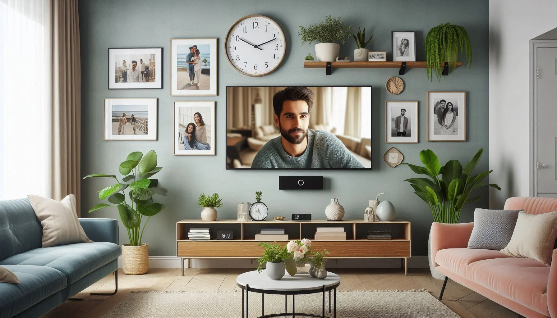 A flat-screen TV wall mounted in the middle of a gallery wall of framed photos, above a wooden media console.