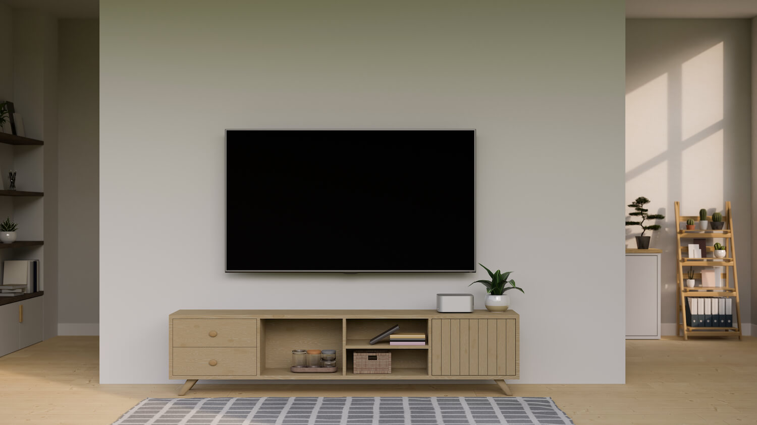 A modern living room features a large flat-screen TV wall mounting on a light-colored wall above a wooden media console. The console holds books, decorative items, and a potted plant. A gray and white patterned rug lies in front, and sunlight streams through a window.
