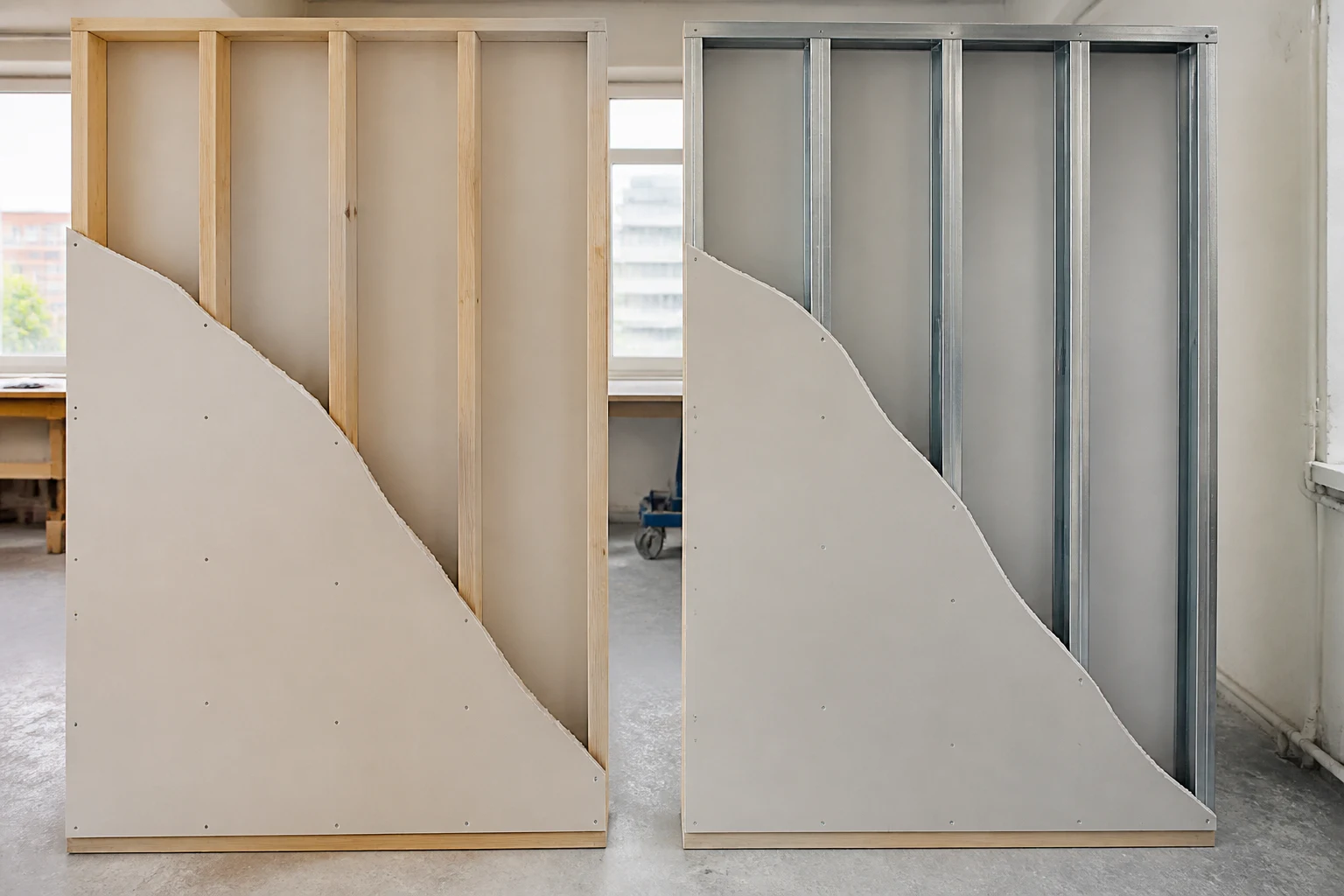 AI-generated wall samples showing wood and steel studs behind drywall.