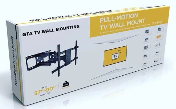 A double-arm full-motion TV wall mount bracket extended away from the wall, showing the articulated joints that let the screen swivel
