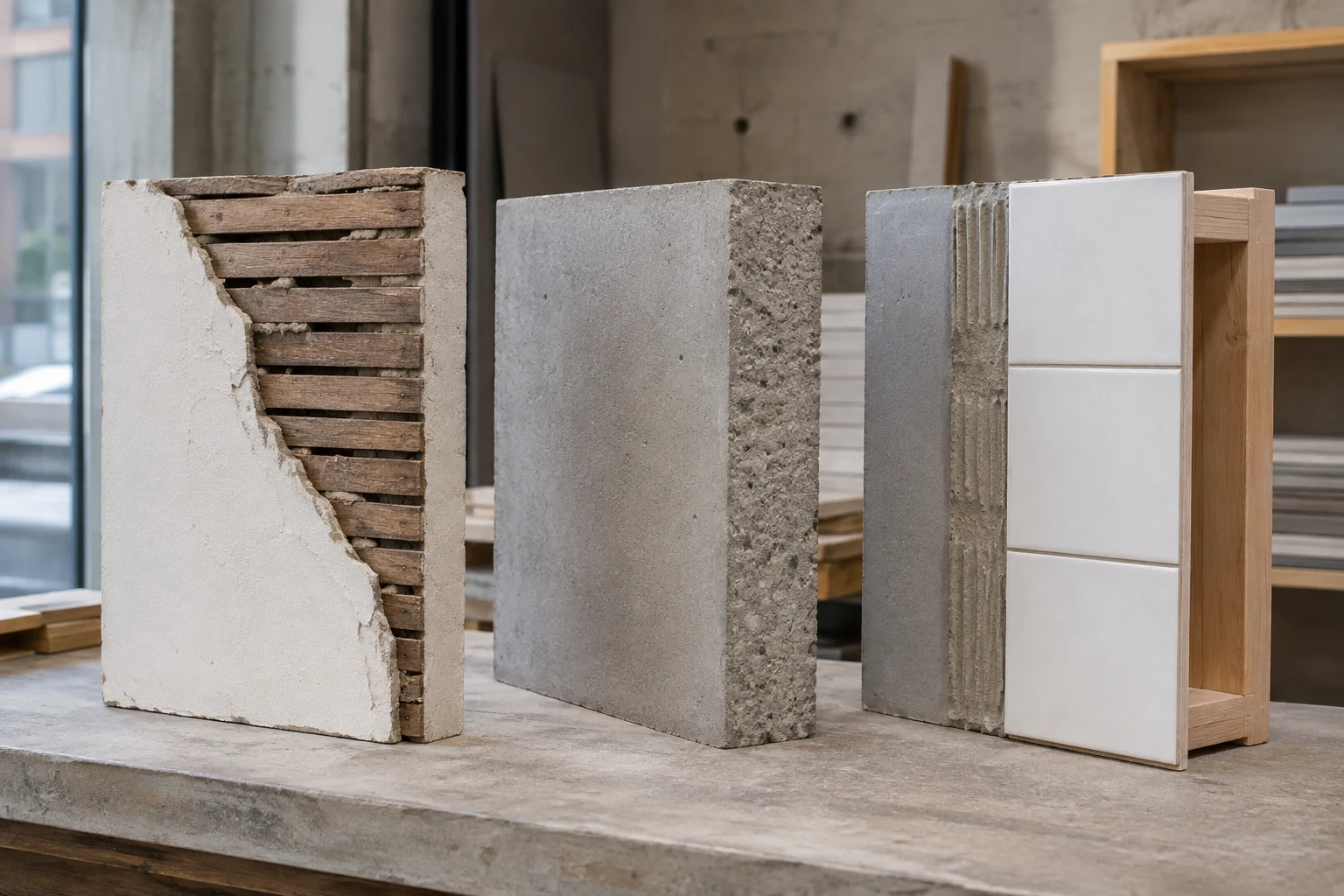 Three separate material samples: plaster exposing wood lath, solid concrete, and a tiled assembly with backing and a timber frame.