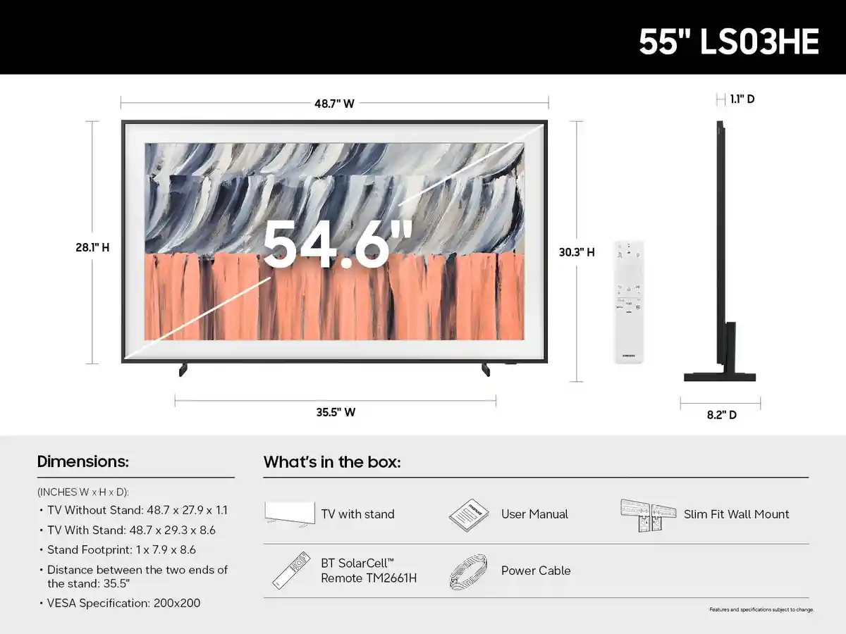 Samsung spec sheet for the 55 inch LS03HE Frame listing carton contents with no One Connect box.