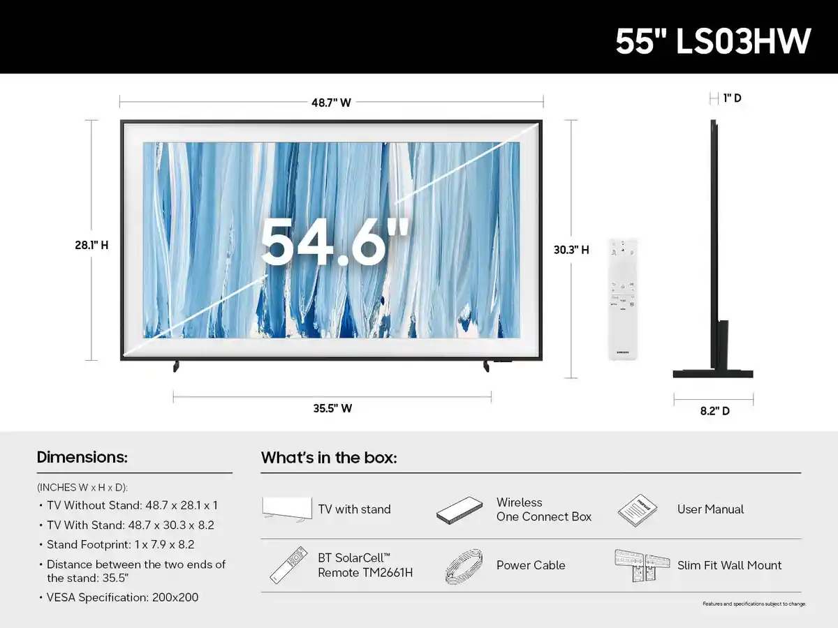 Samsung spec sheet for the 55 inch LS03HW Frame Pro listing carton contents including a Wireless One Connect Box.