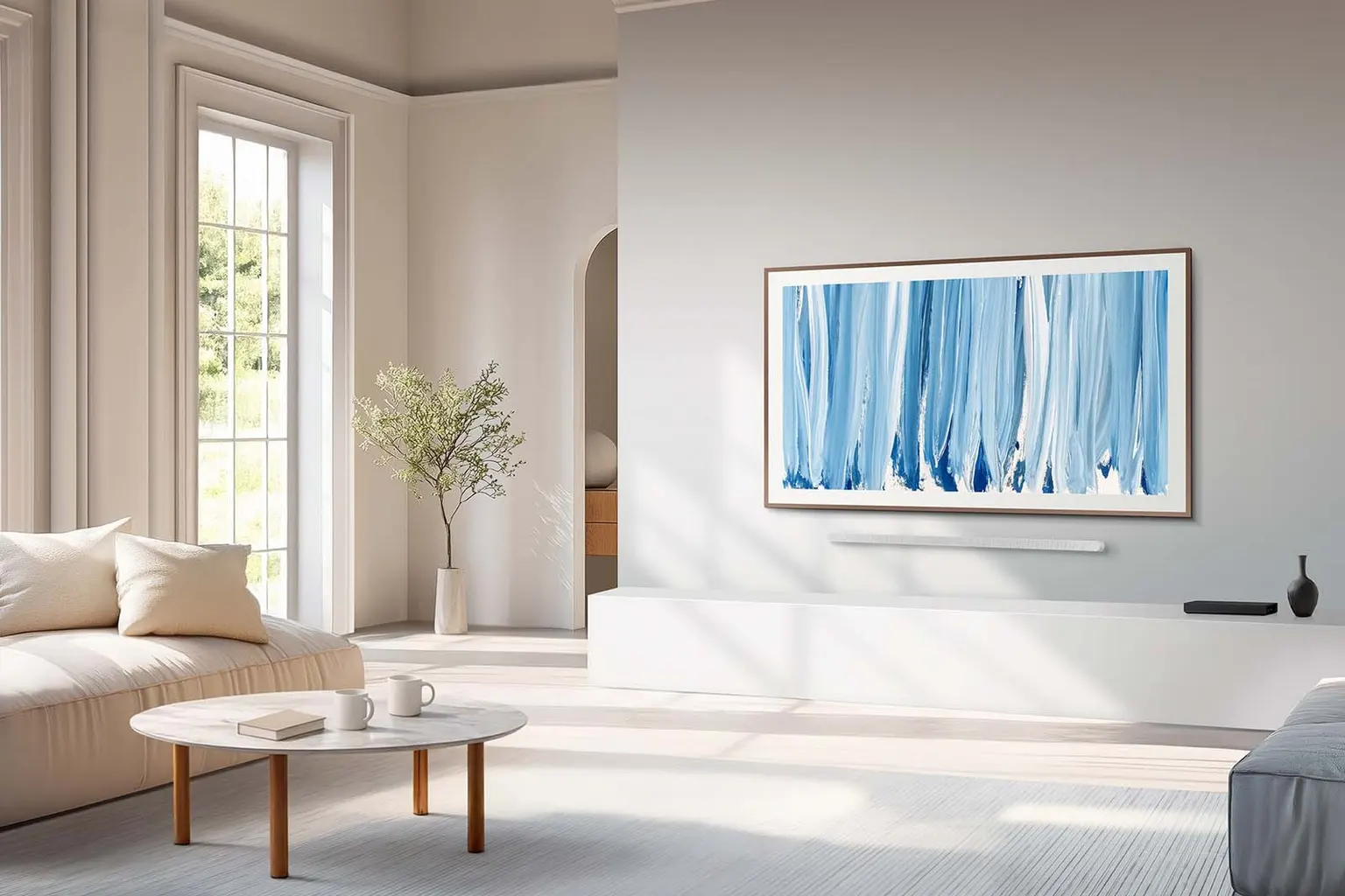 2026 Samsung Frame Pro mounted flush on a living room wall with no visible cables.