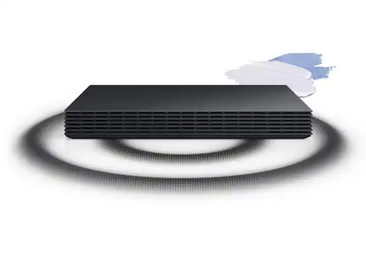 Samsung Wireless One Connect box, a low flat black slab shown on a white background.