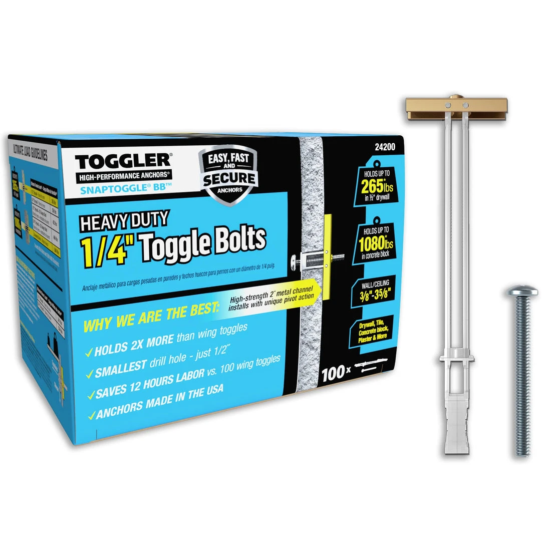 TOGGLER SNAPTOGGLE BB quarter-inch toggle anchor with metal channel, plastic positioning straps, collar and separate machine bolt beside its packaging.