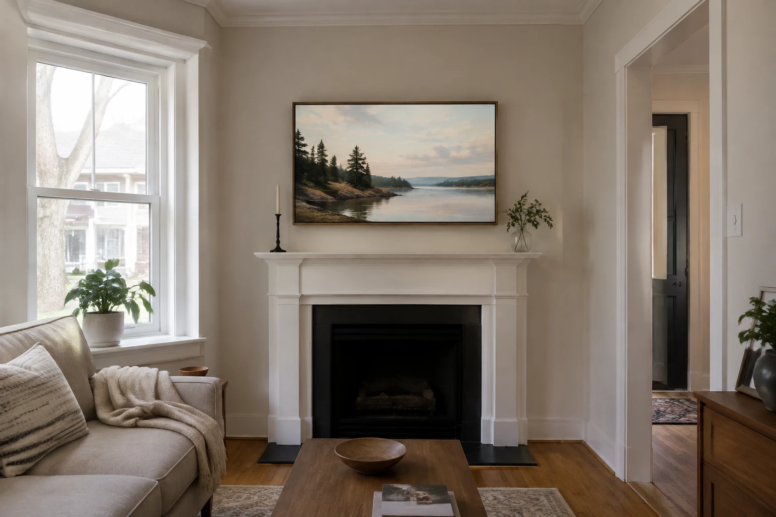 AI-generated compact living room with an art-style TV above a fireplace.