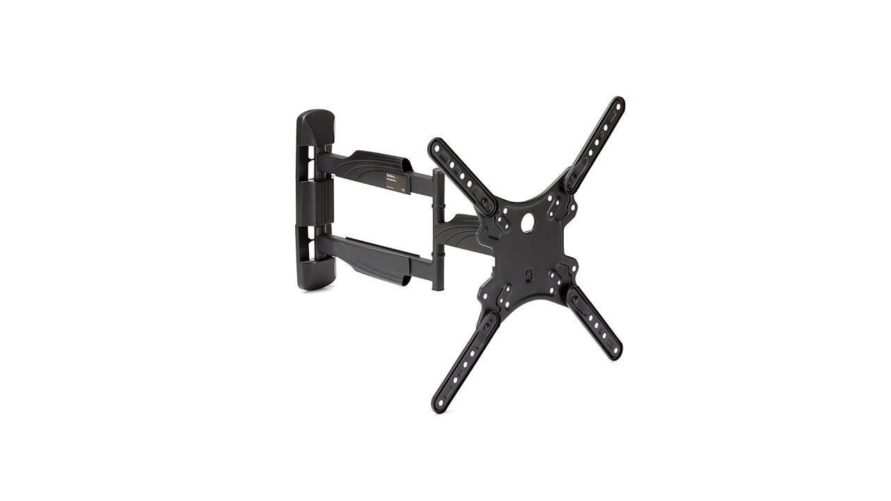 Close-up of an adjustable TV wall mount bracket bolted to the back of a flat-screen television, showing the multi-joint arm and the VESA fixing points