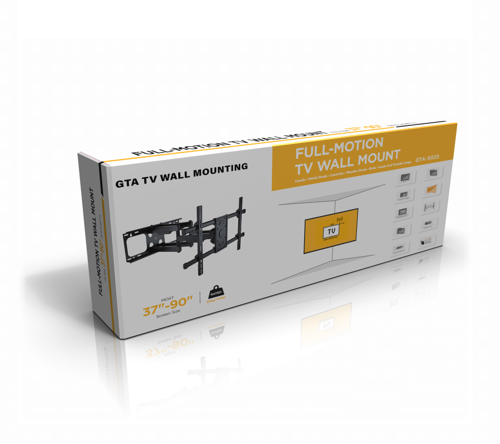 Image of a boxed TV wall mount product. The packaging displays the text "FULL-MOTION TV WALL MOUNTING" and "GTA TV WALL MOUNTING." It indicates it supports TVs from 37 to 90 inches. There is an illustration of the mount, icons denoting various features, and highlights its expertise in TV Wall Mounting.