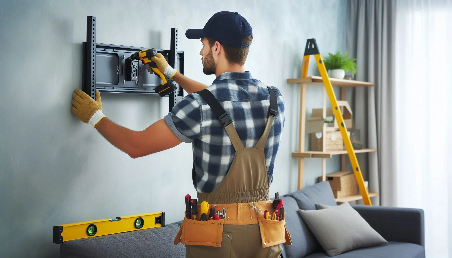 A person in a cap and overalls, wearing gloves, uses a power drill to mount a TV bracket on a wall in a living room. A level tool rests on a couch. A yellow ladder and a bookshelf with plants and baskets are in the background.