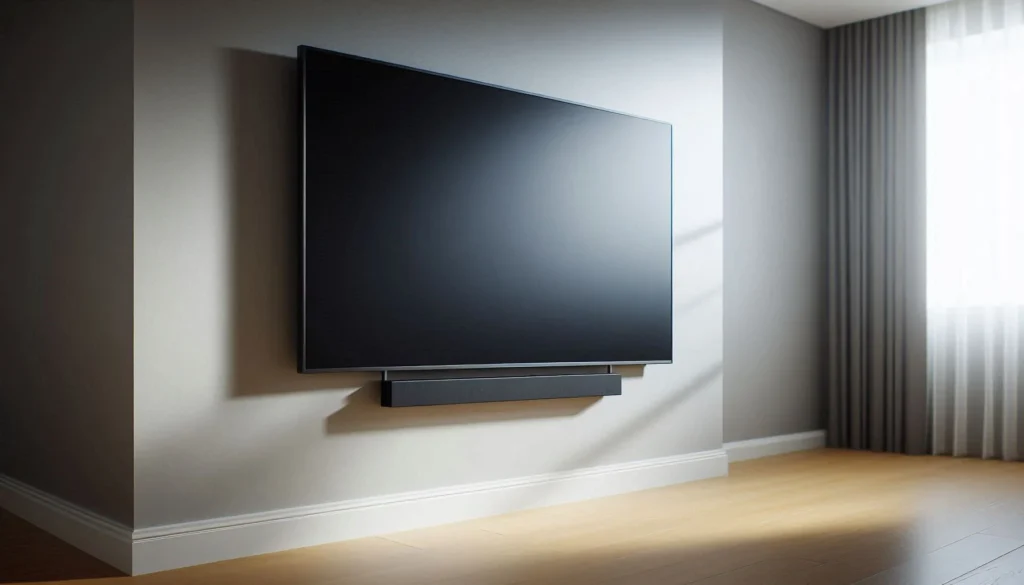 A sleek, flat-screen television is mounted on a light gray wall above a slim black soundbar. Sunlight streams in through a window with gray curtains on the right, casting soft shadows on the hardwood floor. The room is minimalistic and modern.