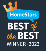 An award badge with a dark background and a blue speech bubble outlined in white at the top. Inside the bubble is a crown and text that reads "HomeStars." Highlighting exceptional services like TV Wall Mounting, below, the text reads "BEST of the BEST WINNER · 2023" in white and orange.